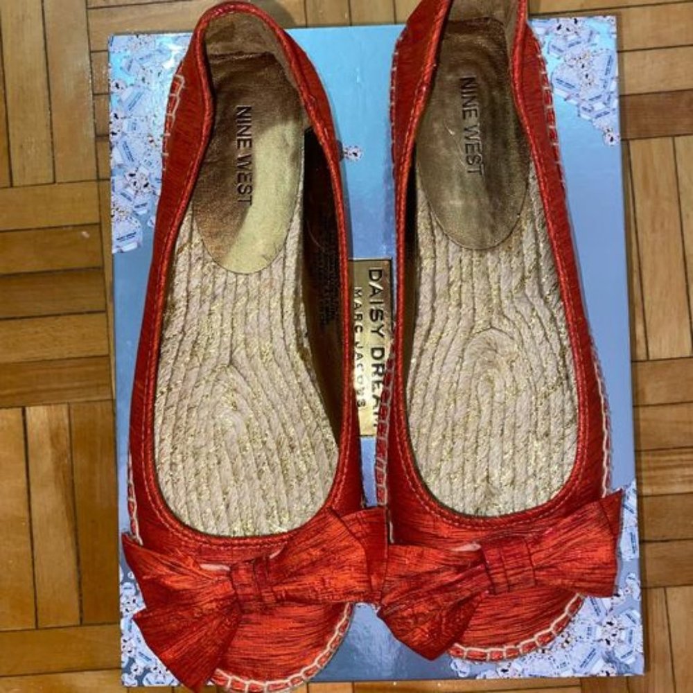 Nine West Raffia Espadrille Flats with Bow – Orange Summer Slip-On Shoes (US 8)